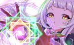  1girl black_capelet bow brown_eyes brown_gloves capelet commentary english_commentary forehead gloves grey_hair highres hilamaru hololive long_hair long_sleeves looking_at_viewer magic_circle murasaki_shion parted_lips pink_bow solo v-shaped_eyebrows virtual_youtuber 