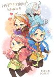  4girls ahoge alternate_hair_color aqua_hair bangs blue_eyes blue_hair book braid chest_harness fire_emblem fire_emblem_fates hairband harness holding holding_book leather_strap long_hair multiple_girls nina_(fire_emblem) orange_hair pink_hair tefutene twin_braids 