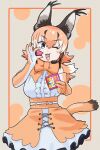  1girl :3 absurdres animal_ears bare_shoulders black_hair blue_eyes bow bowtie candy caracal_(kemono_friends) caracal_ears cat_ears cat_girl cat_tail center_frills elbow_gloves extra_ears fangs food frilled_skirt frills gloves highres kemono_friends kemono_friends_v_project microphone multicolored_hair official_alternate_costume open_mouth orange_bow orange_bowtie orange_hair orange_skirt pointy_ears short_hair sidelocks skirt sleeveless solo tail toriny virtual_youtuber white_skirt 