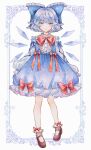  1girl adapted_costume blue_bow blue_dress blue_eyes blue_hair bow bowtie cirno dress embellished_costume frills full_body hair_bow hourai_kiriri ice ice_wings looking_at_viewer puffy_sleeves red_bow shoes short_hair socks solo standing touhou white_legwear wings 