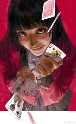  1girl absurdres black_hair black_skirt blazer blunt_bangs card highres hime_cut holding holding_card hyakkaou_academy_school_uniform jabami_yumeko jacket kakegurui long_hair looking_at_viewer playing_card realistic red_eyes red_jacket red_nails red_suit school_uniform sheruff1010 shirt skirt smile solo suit very_long_hair watermark weibo_watermark white_shirt 