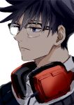  1boy bangs black_hair blue_eyes closed_mouth commentary_request eyelashes fushiguro_megumi glasses hair_between_eyes headphones headphones_around_neck jujutsu_kaisen looking_to_the_side male_focus nori20170709 short_hair simple_background solo white_background 