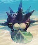  air_bubble animal_focus blurry bubble commentary_request eating film_grain highres leaf pincurchin pokemon sand spikes underwater yellow_eyes yukichi_(tsuknak1) 