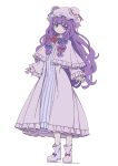  1girl absurdres blue_bow boots bow capelet crescent dress frills full_body hat highres kame_(kamepan44231) long_hair long_sleeves looking_at_viewer mob_cap patchouli_knowledge purple_hair red_bow ribbon solo touhou very_long_hair violet_eyes 