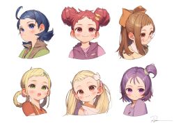  6+girls ahoge asuka_momoko blonde_hair blue_eyes blue_hair bow braid braided_hair_rings brown_eyes brown_hair brown_vest child collared_shirt cropped_shoulders double_bun fujiwara_hazuki glasses green_eyes green_shirt hair_bow hair_bun hair_ornament hair_rings harukaze_doremi long_hair makihatayama_hana medium_hair multiple_girls musical_note musical_note_hair_ornament ojamajo_doremi one_side_up open_mouth orange_bow orange_shirt pink_shirt purple_hair purple_shirt purple_vest red_eyes red_hair round_eyewear ryota_(ry_o_ta) segawa_onpu senoo_aiko shirt short_hair single_sidelock twintails vest violet_eyes white_background white_shirt wing_hair_ornament yellow_shirt 