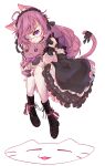  acrylic_paint_(medium) ahoge animal_ears bad_anatomy bangs black_dress black_ribbon boots braid cat_ears collar dress eyebrows_visible_through_hair frilled_collar frilled_dress frilled_skirt frilled_straps frills hair_ribbon heterochromia highres indie_virtual_youtuber isnaxc knees_to_chest long_hair mikeneko_(utaite) multicolored_hair painting_(medium) pink_hair pon-chan_(mikeneko) ribbon skirt thigh-highs traditional_media violet_eyes 