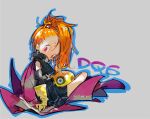  1girl amiami barbara_(dq6) blue_eyes blue_outline cape creature creature_on_lap dragon_quest dragon_quest_vi earrings gloves grey_background jewelry long_hair orange_hair outline ponytail purple_cape red_eyes simple_background sitting slime_(creature) yellow_gloves 
