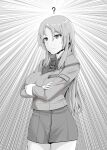  1girl ? bangs breasts closed_mouth commentary_request crossed_arms emphasis_lines flower greyscale hair_between_eyes highres jacket jouzaburou_(joe3) kantai_collection large_breasts long_hair long_sleeves monochrome nelson_(kancolle) rose simple_background skirt solo 