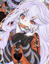  1girl chromatic_aberration commentary english_commentary fangs hair_ornament hairclip hands_on_own_face heart heart-shaped_pupils hibiki_koto highres limited_palette long_hair looking_at_viewer mouth_hold orange_eyes skellychan solo symbol-shaped_pupils syringe teeth twitter_username vocaloid white_hair 