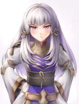 1girl blush closed_mouth dress fire_emblem fire_emblem:_three_houses fire_emblem_warriors:_three_hopes grey_background hands_on_hips long_sleeves looking_at_viewer lysithea_von_ordelia official_alternate_costume pink_eyes serious simple_background solo tagme ten_(tenchan_man) v-shaped_eyebrows white_hair 