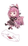  acrylic_paint_(medium) ahoge animal_ears bangs black_dress black_ribbon braid cat_ears chibi collar dress eyebrows_visible_through_hair frilled_collar frilled_skirt frilled_straps frills hair_ribbon heterochromia highres indie_virtual_youtuber isnaxc mikeneko_(utaite) painting_(medium) red_eyes ribbon skirt traditional_media violet_eyes 