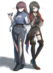  2girls absurdres bang_dream! bang_dream!_it&#039;s_mygo!!!!! black_boots black_choker black_gloves black_hair black_mask black_pants black_vest blazer blue_eyes blue_jacket boots borrowed_accessory braid breasts brown_hair capelet chinese_commentary choker closed_mouth commentary_request crop_top fishnet_thighhighs fishnets frills full_body gloves hair_ornament hairclip hand_on_own_chest hand_on_own_hip highres jacket knee_boots long_hair looking_at_viewer medium_breasts mole mole_under_eye multiple_girls pants red_capelet shiina_taki side_braid side_slit simple_background single_thighhigh standing thigh-highs thigh_boots timoris_(bang_dream!) unique_(pixiv12704744) vest violet_eyes white_background yahata_umiri 