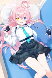  1girl :d absurdres ahoge aqua_necktie black_gloves black_skirt blue_archive blue_eyes breasts collared_shirt commentary commission feet_out_of_frame fingerless_gloves gloves halo heterochromia highres hiraga_matsuri hoshino_(blue_archive) long_hair long_sleeves looking_at_viewer lying miniskirt necktie on_back open_mouth pillow pink_hair pink_halo plaid_clothes plaid_skirt shirt skeb_commission skirt small_breasts smile solo stuffed_whale very_long_hair white_shirt wing_collar yellow_eyes 