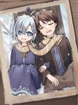  1boy 1girl ahoge blue_eyes blue_shirt brown_hair closed_eyes collarbone dress grey_hair highres jacket locked_arms long_hair long_sleeves mizuiro_raika open_clothes open_jacket open_mouth original picture_(object) scarf shirt sitting snow tree 