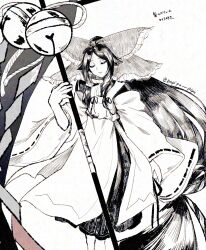  1girl absurdly_long_hair banner battle_standard bell bow chihaya_(clothing) commentary_request detached_sleeves flag frilled_bow frilled_hair_tubes frills gensokyo's_first_hakurei_miko gohei greyscale hair_bow hair_flaps hair_tubes highres holding holding_banner holding_gohei huge_bow japanese_clothes jingle_bell kosode large_bow long_hair long_sleeves miko monochrome oversized_object papipu_pipi red_bow ribbon ribbon-trimmed_sleeves ribbon_trim sidelocks skirt solo touhou very_long_hair war_banner war_flag wide_sleeves 