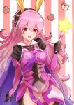  1girl :d alternate_color animal_ears bangs black_hairband cape corrin_(fire_emblem) corrin_(fire_emblem)_(female) doseisan fire_emblem fire_emblem_fates hair_between_eyes hairband highres hirotaka_(hrtk990203) holding holding_weapon kirby_(series) long_hair looking_at_viewer maxim_tomato mother_(game) open_mouth pink_hair purple_cape rabbit_ears red_eyes smile star_rod striped striped_background super_smash_bros. twitter_username weapon 