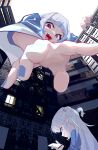  2girls :d blue_hair blue_nails cellphone gawr_gura giant giantess highres hololive hololive_english long_hair multiple_girls phone red_eyes sexmiss sharp_teeth simple_background smartphone smile teeth two_side_up virtual_youtuber white_background white_hair 
