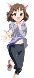  1girl :d animal_ears black_leggings breasts brown_hair cat_ears dancing fake_animal_ears fang green_eyes grey_shirt highres idolmaster idolmaster_cinderella_girls large_breasts leggings long_sleeves looking_at_viewer maekawa_miku navel shirt simple_background sincos smile solo sportswear t-shirt white_background white_sneakers 