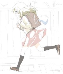  1girl bag black_socks blush brown_shoes deaimon from_side full_body heavy_breathing highres huffing long_hair monochrome_background outdoors pink_skirt running shoes sincos sketch skirt socks solo sweater yellow_sweater yukihira_itsuka 