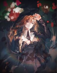 1girl absurdres afloat black_dress blue_eyes brown_hair doyamemo_f dress fate/grand_order fate_(series) heterochromia highres long_hair long_sleeves lying on_back ophelia_phamrsolone red_eyes solo water 