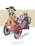  3girls :d animal_ears black_headwear blue_shirt blush bow braid cat_ears cat_tail chenwei_jun dress eyebrows_visible_through_hair green_eyes green_hair ground_vehicle hair_bow hat hat_bow heart highres kaenbyou_rin komeiji_koishi komeiji_satori long_hair long_sleeves looking_at_viewer multiple_girls nekomata open_mouth pink_hair redhead shirt short_hair sitting skirt smile tail third_eye touhou twin_braids wheelbarrow wide_sleeves yellow_shirt 