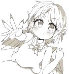  1girl animal_ears bad_anatomy bad_arm bird_ears bird_wings blush dress earrings eyebrows_visible_through_hair fingernails greyscale ini_(inunabe00) jewelry long_fingernails monochrome mystia_lorelei parted_lips sharp_fingernails short_hair simple_background single_earring sleeveless sleeveless_dress solo touhou upper_body white_background wings 