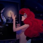  1girl ariel_(disney) bare_arms blue_eyes bra bubble candle curly_hair disney fire flame highres mermaid monster_girl okitafuji outstretched_hand painting_(object) redhead shell shell_bikini solo stomach the_little_mermaid underwater underwear 