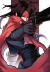  1boy cloak covered_mouth final_fantasy final_fantasy_vii gauntlets giiido glaring gun headband keychain leather long_hair looking_at_viewer messy_hair red_eyes torn_clothes vincent_valentine weapon 