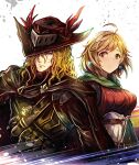  1boy 1girl ahoge blonde_hair breasts brown_eyes cape closed_mouth earrings granblue_fantasy hat jewelry kara_(color) looking_at_viewer lucius_(granblue_fantasy) short_hair simple_background smile teena_(granblue_fantasy) white_background 