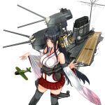  1girl aircraft airplane black_hair cannon commentary_request cowboy_shot detached_sleeves flight_deck floral_print fusou_(kancolle) fusou_kai_ni_(kancolle) grey_legwear hair_ornament kantai_collection long_hair nao_(nao_eg) pleated_skirt red_eyes red_skirt second-party_source simple_background skirt solo standing thigh-highs turret white_background 