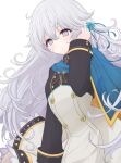  1girl adjusting_hair arius_esquede blush buttons closed_mouth counter:side eyebrows_visible_through_hair flat_chest grey_eyes hair_between_eyes hair_ornament highres long_hair long_sleeves looking_at_viewer risshu solo white_background white_hair 