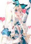  1girl absurdres bandages blonde_hair blue_choker blush butterfly_hair_ornament choker fangs hair_ornament heart heart-shaped_pupils heart_background highres holding holding_sword holding_weapon kanzi long_hair looking_at_viewer open_mouth original short_sleeves sword symbol-shaped_pupils teeth upper_body upper_teeth violet_eyes weapon white_background 