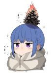  1girl blue_hair burning cropped_torso dot_mouth expressionless eyebrows_visible_through_hair fire gamuo pinecone scarf shima_rin sidelocks simple_background sketch solo sparkle striped striped_scarf upper_body violet_eyes white_background winter_clothes yurucamp 