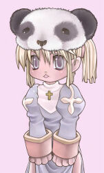  1girl 2000s_(style) blonde_hair blush commentary_request cowboy_shot cross dress grey_dress grey_eyes juliet_sleeves long_sleeves open_mouth panda_hat pelnya pink_background priest_(ragnarok_online) puffy_sleeves ragnarok_online short_hair simple_background solo 
