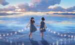 2girls backlighting bangs bare_arms bare_shoulders barefoot beach black_hair blue_dress blue_eyes blue_sky blue_theme blunt_ends blurry blurry_background bob_cut closed_mouth clouds cloudy_sky depth_of_field dress facing_away floating_hair from_behind from_side glowing gradient_sky hair_behind_ear holding holding_hands holding_string horizon leg_up light light_particles long_hair looking_at_another looking_to_the_side medium_dress monaka_(siromona) multiple_girls no_lineart ocean original outdoors outstretched_arms profile puffy_short_sleeves puffy_sleeves reflection sand scenery shadow shore short_hair short_sleeves sky sleeveless sleeveless_dress standing string twilight water wide_shot wind yellow_sky 