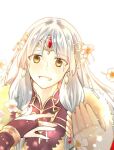  1girl 1other :d bangs black_dress black_gloves bridal_gauntlets circlet close-up coat dress eyebrows_visible_through_hair fire_emblem fire_emblem:_radiant_dawn fire_emblem_cipher fire_emblem_heroes gloves grey_hair hand_on_own_chest long_hair micaiah_(fire_emblem) official_alternate_costume open_mouth ouzisamafe pov red_coat simple_background smile solo_focus white_background yellow_eyes 