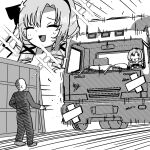  1boy 1girl bald bangs blush closed_eyes crate crossed_bandaids drill_hair driving gloves greyscale ground_vehicle hair_ribbon hyakumantenbara_salome long_sleeves monochrome motion_lines motor_vehicle nijisanji nyaromeron open_mouth pants parted_bangs ribbon smile sparkle truck virtual_youtuber 