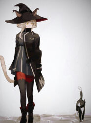  1girl absurdres animal animal_ears arknights black_dress black_hat black_jacket black_thighhighs cat cat_ears cat_girl cat_tail commentary dress grey_hair hands_in_pockets hat haze_(arknights) highres iii37998258 jacket pointy_hat tail thigh-highs walking 