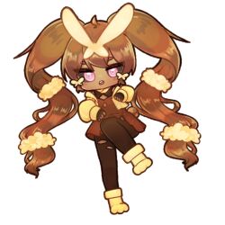  1girl :o artist_name black_gloves black_pantyhose black_sclera blush boots brown_dress brown_hair buck_teeth chibi chibi_only colored_sclera commentary_request dress fighting_stance fingerless_gloves flat_chest gloves hair_ornament hair_scrunchie hands_up humanization jacket leg_up long_hair long_sleeves looking_at_viewer lopunny mega_lopunny mega_pokemon open_clothes open_jacket open_mouth pantyhose paw_shoes pink_eyes pokemon rabbit_tail ranya_(nya_wl_2) scrunchie short_dress short_tail signature simple_background solo standing standing_on_one_leg tail teeth torn_clothes torn_pantyhose twintails very_long_hair white_background yellow_boots yellow_jacket yellow_scrunchie 