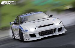  1girl airfryer1892 blue_eyes blue_helmet blurry blurry_background brown_hair car day drifting english_commentary helmet highres logo motion_blur motor_vehicle motorcycle_helmet nissan nissan_180sx original outdoors road spoiler_(automobile) sponsor sports_car steering_wheel vehicle_focus white_car 