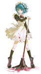  1girl absurdres alternate_costume apron baifeidaiwang black_footwear blood blood_on_clothes blood_splatter blue_eyes blue_hair boots enmaided full_body highres holding holding_mop kneehighs legs_apart looking_to_the_side mahou_shoujo_madoka_magica maid maid_apron maid_headdress miki_sayaka mop neck_ribbon no_pupils open_mouth pink_blood ribbon short_hair simple_background smile solo standing white_apron white_background white_legwear 
