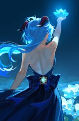  back back_focus backless_dress backless_outfit bare_back bare_shoulders blue_dress blue_hair d_ying5022 dress flower ganyu_(genshin_impact) genshin_impact goat_horns highres horns long_hair 