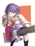  1girl boku_no_hero_academia bracelet breasts choker eyebrows_visible_through_hair green_skirt grin guitar highres instrument jewelry jirou_kyouka kneehighs knees music nail nail_polish necklace necktie orange_background playing_instrument purple_hair red_nails school_uniform shirt short_hair simple_background skirt smile socks solo togekk0 violet_eyes white_background white_shirt 