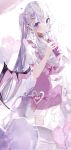  1girl bangs bat_wings drinking drinking_straw hair_ornament hair_ribbon heart heterochromia highres iftuoma long_hair looking_at_viewer original pointy_ears ribbon shirt short_sleeves simple_background solo violet_eyes white_background white_shirt wings 