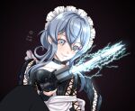  1girl alternate_costume black_gloves blue_eyes blue_hair commentary_request dated dominatrix energy_sword enmaided gloves gotland_(kancolle) kantai_collection long_hair looking_at_viewer maid maid_headdress mole mole_under_eye signature solo sword tk8d32 upper_body weapon 