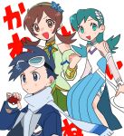  1boy 2girls :d bangs bare_shoulders black_hair blue_flower blue_jacket blush blush_stickers brown_eyes brown_hair clenched_hand commentary_request dress ethan_(pokemon) eyelashes fingerless_gloves flower gloves goggles goggles_on_head green_eyes green_hair green_hairband hairband hand_up happy highres holding holding_poke_ball jacket knee_blush kris_(pokemon) lyra_(pokemon) momotose_(hzuu_xh4) multiple_girls nose_blush official_alternate_costume open_mouth poke_ball poke_ball_(basic) pokemon pokemon_(game) pokemon_masters_ex scarf short_hair smile twintails white-framed_eyewear white_background 