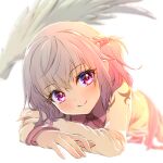  1girl bangs bare_shoulders blurry blurry_background blush braid closed_mouth depth_of_field eyebrows_visible_through_hair hair_between_eyes kishin_sagume long_hair long_sleeves looking_at_viewer lying on_stomach pink_eyes shiroi_karasu simple_background smile solo touhou violet_eyes white_background wings 