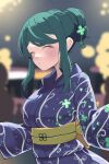  1girl blue_kimono blurry blurry_background blush character_request closed_eyes clover_hair_ornament clover_print green_hair hair_bun hair_ornament hair_up highres japanese_clothes kimono night obi outdoors sash sidelocks solo sunaonakapipara upper_body virtual_youtuber 