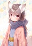  1girl animal_ear_fluff animal_ears blush commentary_request grey_hair haori highres japanese_clothes kimono long_hair looking_at_viewer mutou_mato obi original parted_lips pink_eyes sash scarf solo tail upper_body 