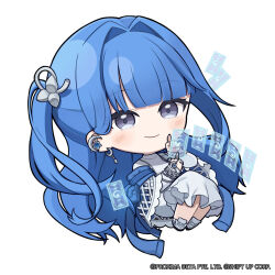  1girl arcana_(nikke) blue_hair blunt_bangs bracelet chibi closed_mouth commentary crescent crescent_earrings dress ear_piercing earrings english_commentary full_body goddess_of_victory:_nikke hair_intakes hair_ornament highres index_finger_raised jewelry light_smile long_hair long_sleeves looking_at_viewer nail_polish no_nose official_art piercing pouch ring shoes solo totatokeke very_long_hair white_dress white_nails white_shoes 